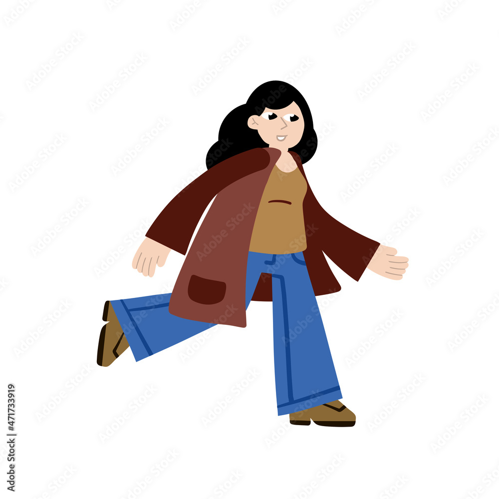 Woman runs. Hurrying character in coat. Flat cartoon illustration isolated on white. Happy girl in active motion. Flat cartoon isolated on white