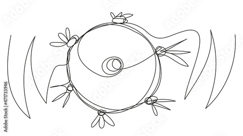 Illustration with a tambourine in one line on a white back. A small percussion instrument for base notes. Stock vector illustration with shaman tambourine. Symbol with a circle emitting sound waves.