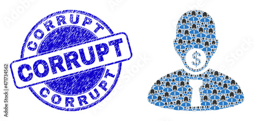 Vector hush money icon composition is formed of repeating recursive hush money pictograms. Corrupt corroded blue round seal print. Recursive composition of hush money icon.