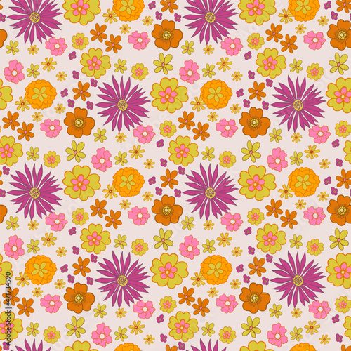 seamless pattern with bright flowers in the style of the 70s, retro style