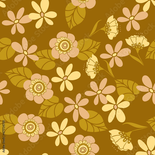 seamless pattern with flowers in the style of the 70s, green, brown and yellow color, hand-drawn vector