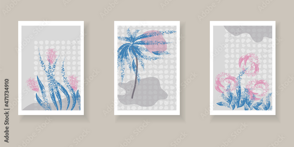 Botanical set backgrounds with organic shapes, flowers, palm tree. Minimalistic backgrounds with grunge texture for wall decor, posters, book covers, social media design.