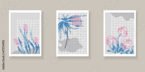 Botanical set backgrounds with organic shapes, flowers, palm tree. Minimalistic backgrounds with grunge texture for wall decor, posters, book covers, social media design.