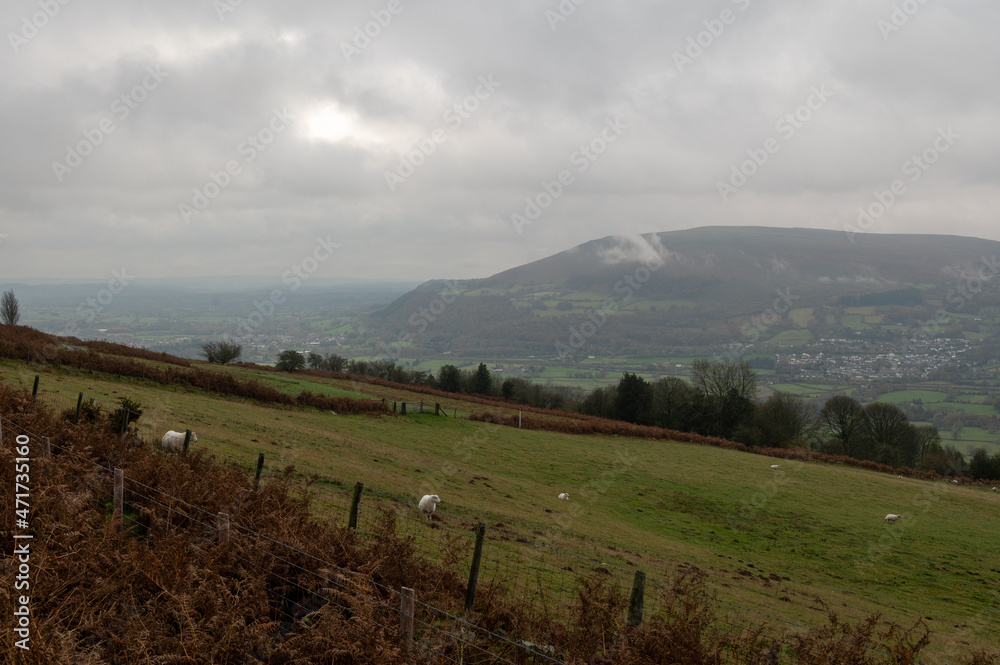 Sheep grazing in a field on The Brecon Beacons with the Welsh Valleys partially obscured by mist in the distance Sheep grazing in a field on The Brecon Beacons with the Welsh Valleys partially obscured by mist in the distance