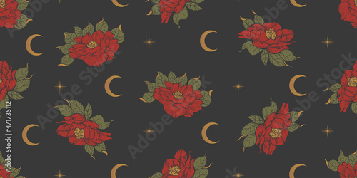 seamless pattern with flowers moon and stars, celestial vector