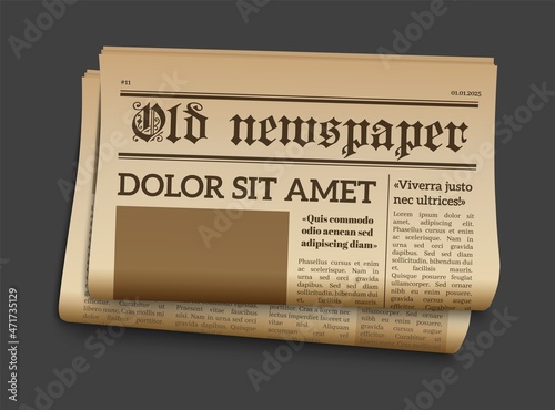 Old newspaper mockup. Retro newsprint page. Vector realistic old news template