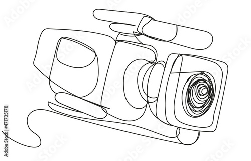 Professional large camera drawn with one line on a white background. Concept of cinema, news, journalism, content creation. Vector illustration with director's tools.  Video shooting process.