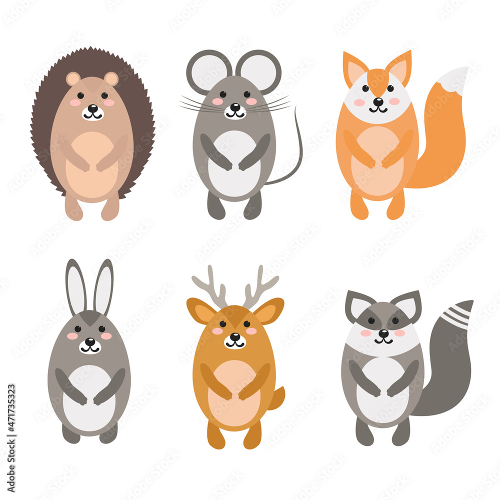a set of cartoon forest animals: hedgehog, mouse, fox, hare, deer, raccoon.