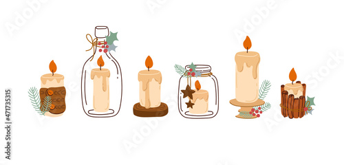 Winter set of candles with Christmas decor. Vector illustration in flat style on a white background