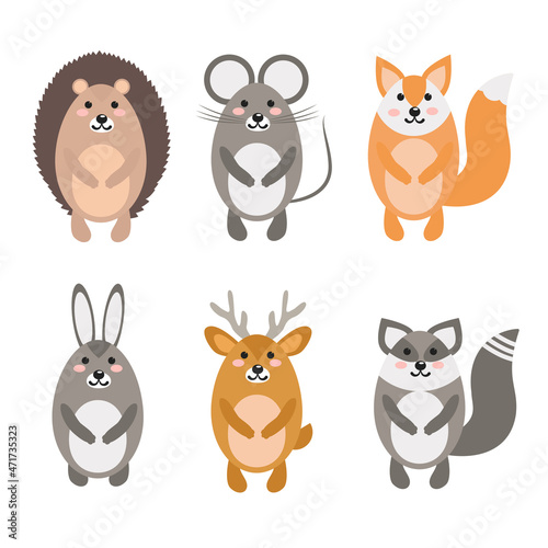 a set of cartoon forest animals: hedgehog, mouse, fox, hare, deer, raccoon. © Viktoriia Yakovenko