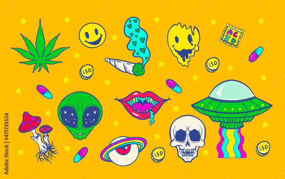 psychedelic trip symbols: LSD, weed, fly agaric mushroom, eyeball, rainbow, drugs - obrazy, fototapety, plakaty 