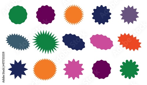 Starburst colorful tag. Star burst badge vignette. Vector simple pink red green blue round collection.