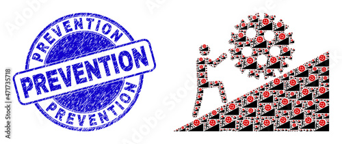 Vector man rolling virus up icon collage is formed of randomized self man rolling virus up pictograms. Prevention scratched blue round seal imitation.