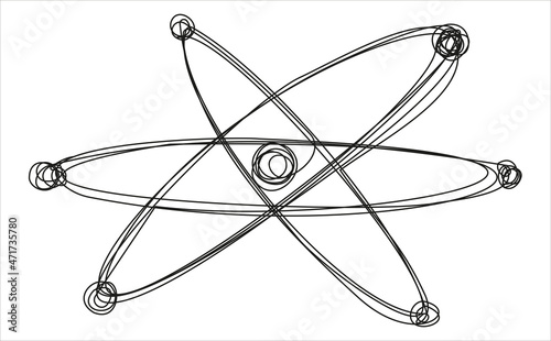 Symbol with the movement of the atom by a continuous line on a white background. Stock vector scientific illustration. Small particle of matter. The big ecumenical explosion.