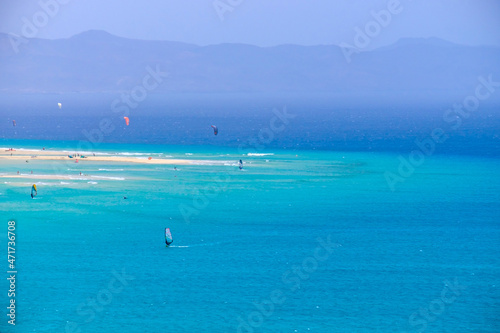 Aerial view of Sotavento beach with sailboats during the World Championship on the Canary Island of Fuerteventura.