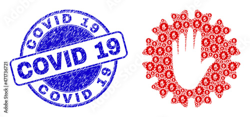 Vector stop hand coronavirus icon composition is designed from randomized recursive stop hand coronavirus elements. Covid 19 scratched blue round stamp seal.