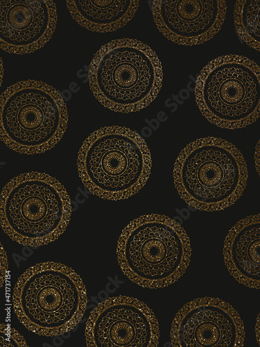 golden mandala on a black background, shiny patterns on a dark background, glitter, golden sequin ornament on a black background, shining sequins