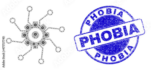 Vector gear circuit links icon composition is done from random self gear circuit links elements. Phobia dirty blue round stamp seal. Recursion mosaic from gear circuit links icon.