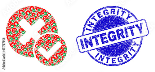 Vector true negative icon composition is formed with randomized self true negative parts. Integrity scratched blue round seal imitation. Recursion composition of true negative icon.