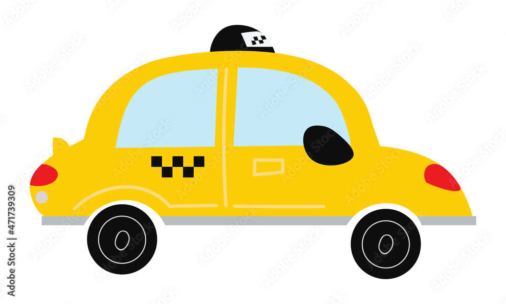 Colorful vehicle concept. Sticker with yellow taxi or car. Transportation service in city. Design element for social network, application. Cartoon flat vector illustration isolated on white background