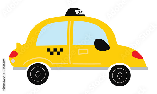 Colorful vehicle concept. Sticker with yellow taxi or car. Transportation service in city. Design element for social network  application. Cartoon flat vector illustration isolated on white background