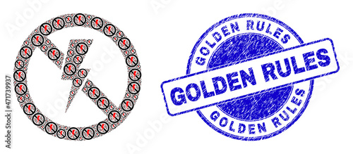 Vector no electricity icon composition is constructed from scattered recursive no electricity elements. Golden Rules unclean blue round stamp seal. Recursive combination of no electricity icon.