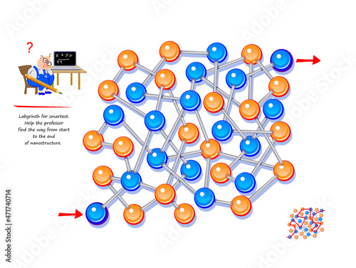 Logic puzzle game with labyrinth for smartest. Help the professor find the way from start to the end of nanostructure. Worksheet for kids brain teaser book. Play online. 3D maze. Vector illustration.