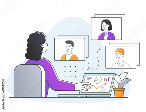 Concept of digital presentation. Girl communicates with other people via video chat. Online conference, meeting. Modern technology, wireless connection, business. Cartoon flat vector illustration