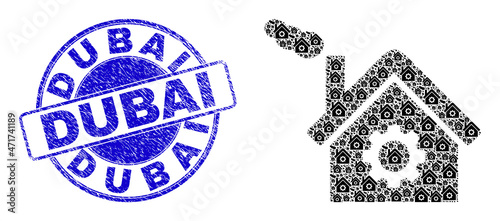 Vector dirty factory icon mosaic is formed from repeating recursive dirty factory elements. Dubai unclean blue round stamp seal. Recursion mosaic from dirty factory icon.