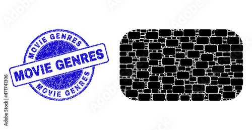 Vector rounded rectangle icon mosaic is composed from random recursive rounded rectangle items. Movie Genres rubber blue round stamp. Fractal mosaic from rounded rectangle icon.
