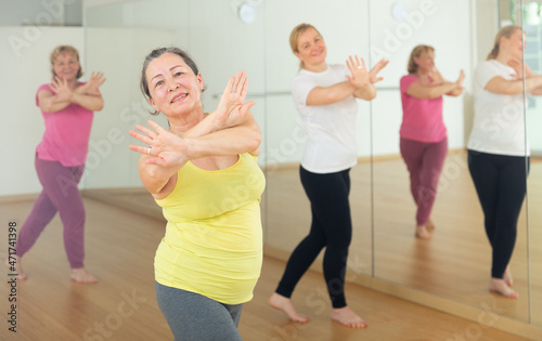 Group of mature activity people practicing dance techniques