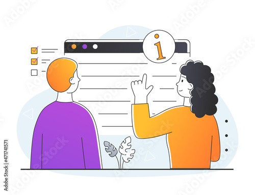 Customer service guide. Consultant prompts client how to work with purchased product. Instruction on Internet, description of services. Girl gives man information. Cartoon flat vector illustration