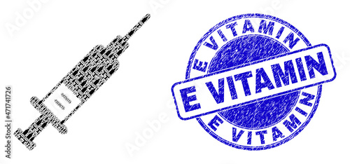Vector syringe icon mosaic is created of scattered self syringe elements. E Vitamin corroded blue round stamp. Recursive mosaic for syringe icon.
