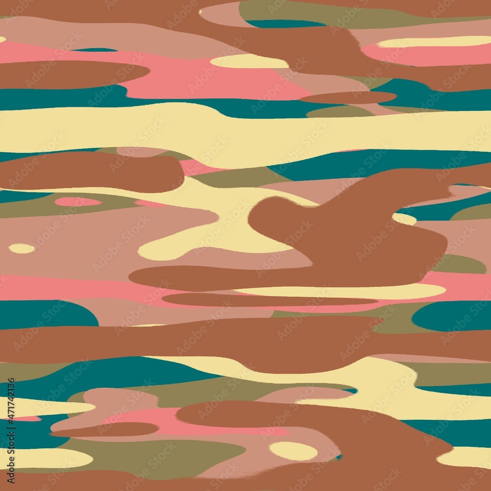 Seamless colorful happy camoflauge inspired surface pattern design for print. High quality illustration. Random military style abstract shape textile apparel fashion non-print for kids or adults. Seamless colorful happy camoflauge inspired surface pattern design for print. High quality illustration. Random military style abstract shape textile apparel fashion non-print for kids or adults.
