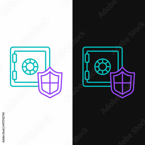 Line Safe with shield icon isolated on white and black background. Insurance concept. Security, safety, protection, protect concept. Colorful outline concept. Vector