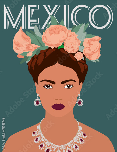 Portrait the beautiful Mexican woman flowers hairstyle ,Frida Kahlo style.Vector illustration of a flat design.