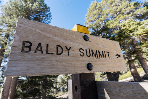 Mt Baldy summit trail sign in the San Gabriel Mountains near Los Angeles, California.