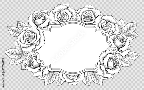 Oval Vintage Frame with Engraved Roses. Black and White Drawing of Retro Label Decorated Outline Flowers. Classical Style Vector Illustration Isolated on the Imitation of Transparent Background