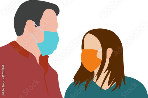 pareja con barbijo, mujer y hombre charlando con barbijos. nueva normalidad. cuidado en pandemia. Vector sin fondo, fondo transparente