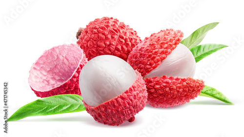 Incredible ripe lychees whole and with cut skin and fresh foliage isolated on white background.