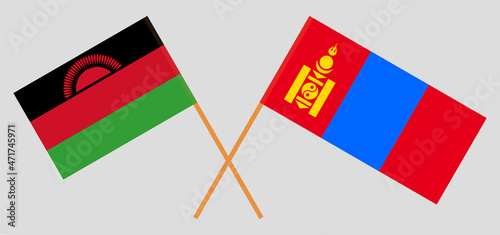 Crossed flags of Malawi and Mongolia. Official colors. Correct proportion