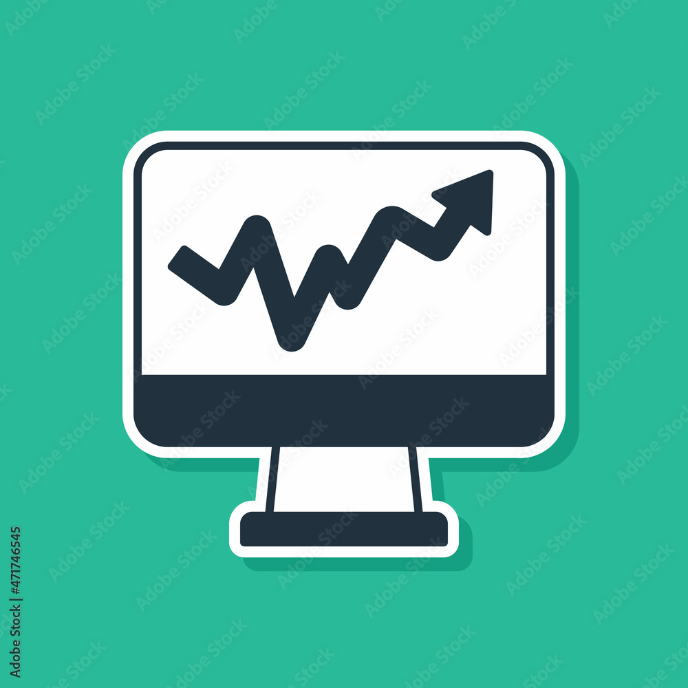 Blue Computer monitor with graph chart icon isolated on green background. Report text file icon. Accounting sign. Audit, analysis, planning. Vector Blue Computer monitor with graph chart icon isolated on green background. Report text file icon. Accounting sign. Audit, analysis, planning. Vector