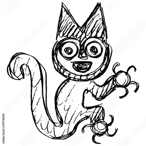 Fantastic animal. Cat or squirrel. Paracas textile. Native American ethnic art of ancient Peru. Hand drawn linear doodle rough sketch. Black silhouette on white background.