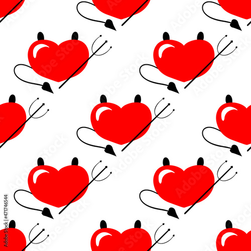 Vector seamless pattern of devil heart with horns, tail and trident in red and black isolated on white. Illustration for print, decoration for Valentines day or as demon of evil love, sexuality,