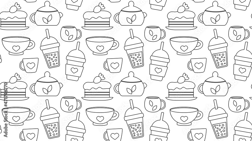 Seamless repeating pattern with drinks and desserts for cafe menu. Print for a shop with tea and coffee and a hot drink. Vector illustration.