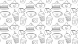 Seamless repeating pattern with drinks and desserts for cafe menu. Print for a shop with tea and coffee and a hot drink. Vector illustration.