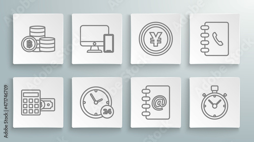 Set line Calculator with dollar symbol, Computer monitor and mobile phone, Clock 24 hours, Address book, Stopwatch, Coin money Yen, and Cryptocurrency coin Bitcoin icon. Vector