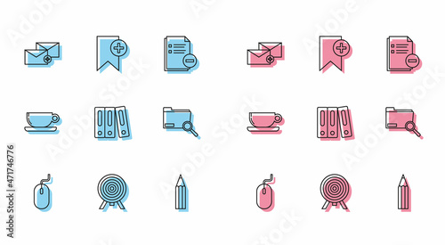 Set line Computer mouse, Target, Envelope, Pencil, Office folders with papers and documents, Search concept, Coffee cup flat and Bookmark icon. Vector