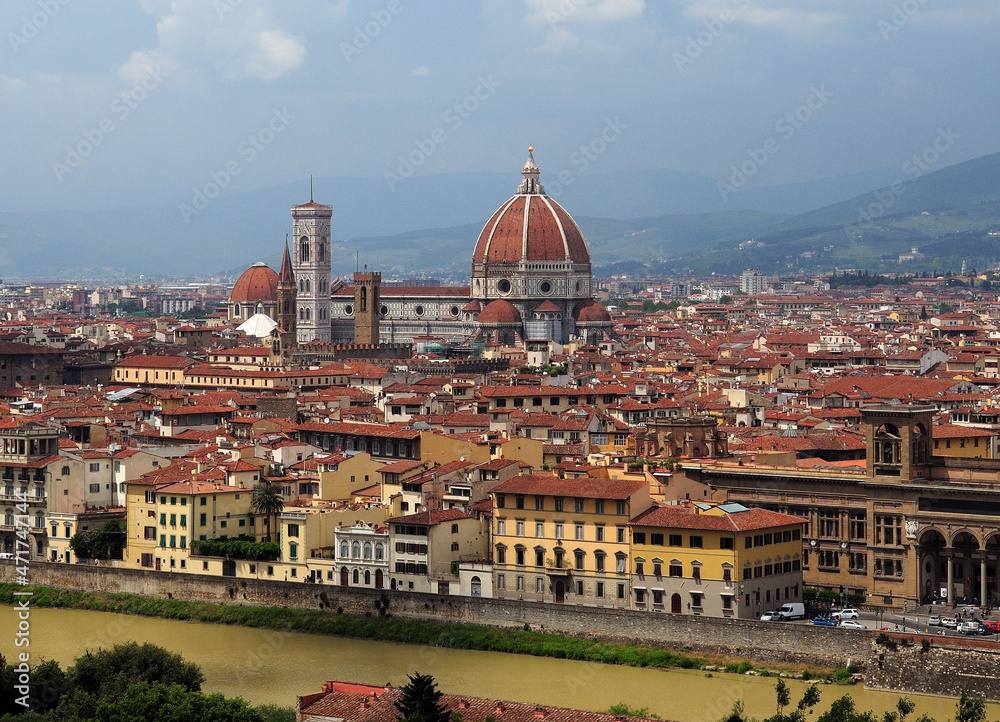 View From Piazzale Michelangelo To The Historic Old Town With The Famous Cathedral Santa Maria Del Fiore In Florence Tuscany Italy On A Beautiful Spring Day With A Blue Sky And A Few Clouds