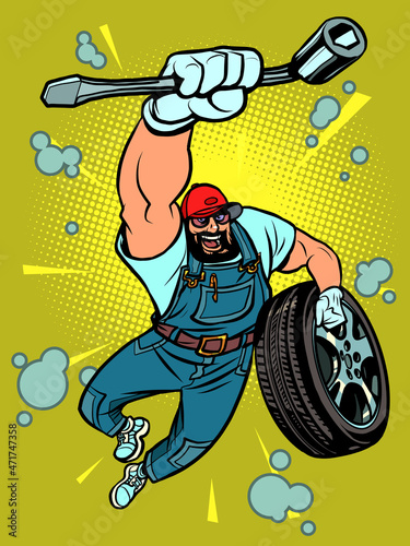 wrench mechanic car wheel replacement, specialist repair service